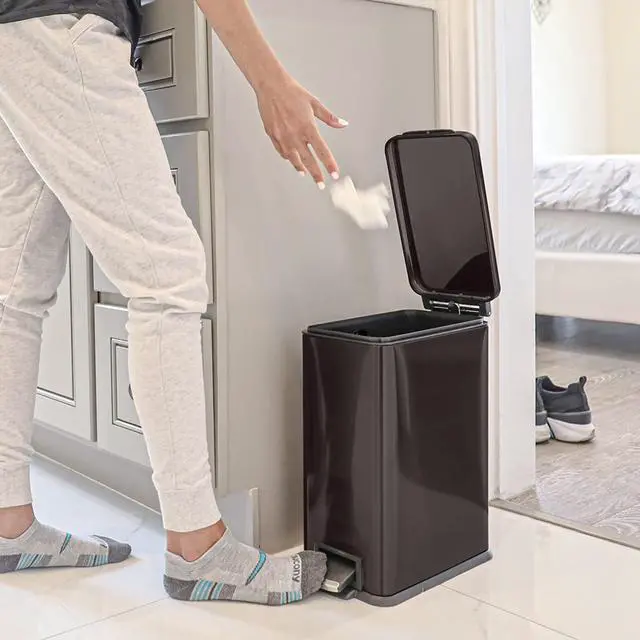 Alt view image 6 of 7 - Home Zone Living 8 Gallon and 2.5 Gallon Kitchen Trash Can Combo Set, Slim Body Stainless Steel Design, 30 Liter and 9.7 Liter Capacity, Black