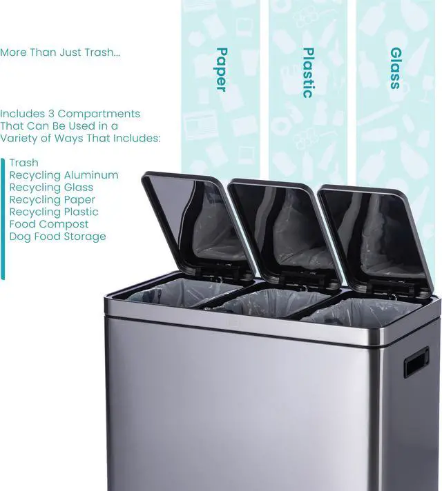 Alt view image 2 of 7 - Home Zone Living 16 Gallon Kitchen Trash Can for Recycling and Trash, 3 Compartments for 60 Liter Total Capacity