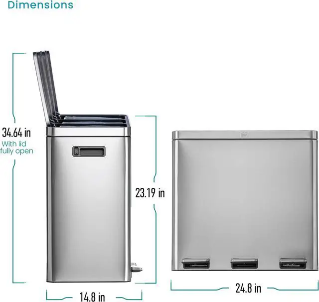 Alt view image 7 of 7 - Home Zone Living 16 Gallon Kitchen Trash Can for Recycling and Trash, 3 Compartments for 60 Liter Total Capacity