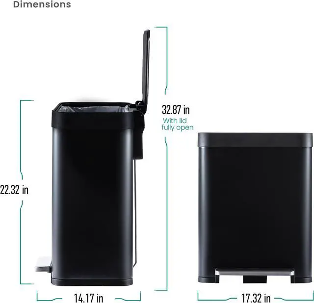 Alt view image 7 of 7 - Home Zone Living 13 Gallon Kitchen Trash Can, Short and Wide Stainless Steel Body Design, 50 Liter Capacity, Matte Black