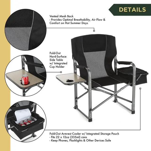 Alt view image 4 of 7 - ARROWHEAD OUTDOOR Folding Directors Chair w/ Side Table & Integrated Cooler, Cup Holder, Storage Pouch, Breathable Mesh Back, Supports up to 450lbs, Carrying Case, Steel Frame, High-Grade 900D Canvas