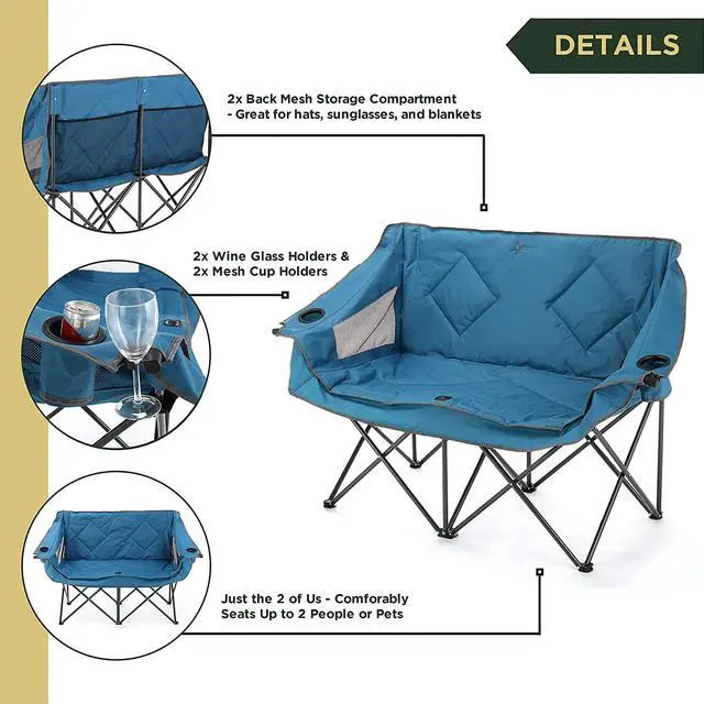 Alt view image 3 of 8 - ARROWHEAD OUTDOOR Portable Folding Double Duo Camping Chair Loveseat w/ 2 Cup & Wine Glass Holder, Heavy-Duty Carrying Bag, Padded Seats & Armrests, Supports up to 500lbs, USA-Based Support
