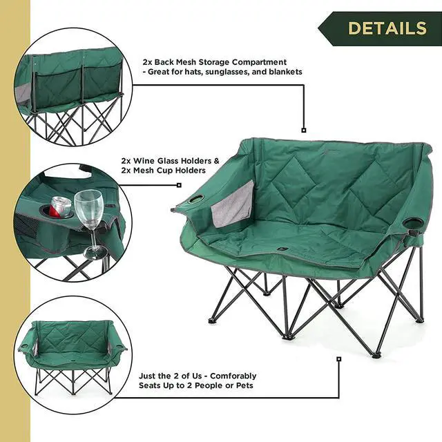 Alt view image 4 of 8 - ARROWHEAD OUTDOOR Portable Folding Double Duo Camping Chair Loveseat w/ 2 Cup & Wine Glass Holder, Heavy-Duty Carrying Bag, Padded Seats & Armrests, Supports up to 500lbs, USA-Based Support, Green