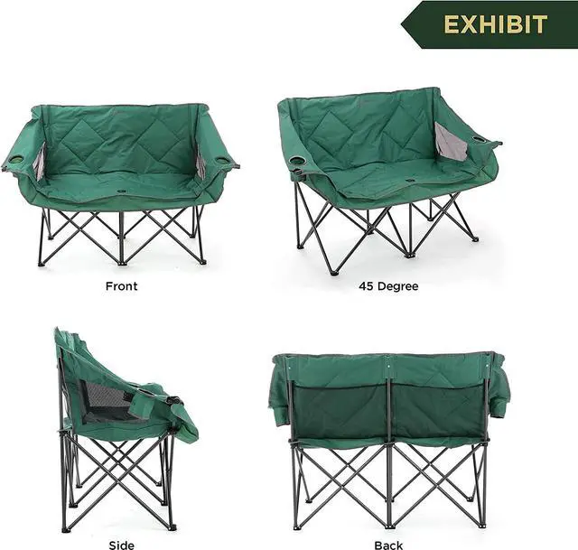 Alt view image 5 of 8 - ARROWHEAD OUTDOOR Portable Folding Double Duo Camping Chair Loveseat w/ 2 Cup & Wine Glass Holder, Heavy-Duty Carrying Bag, Padded Seats & Armrests, Supports up to 500lbs, USA-Based Support, Green