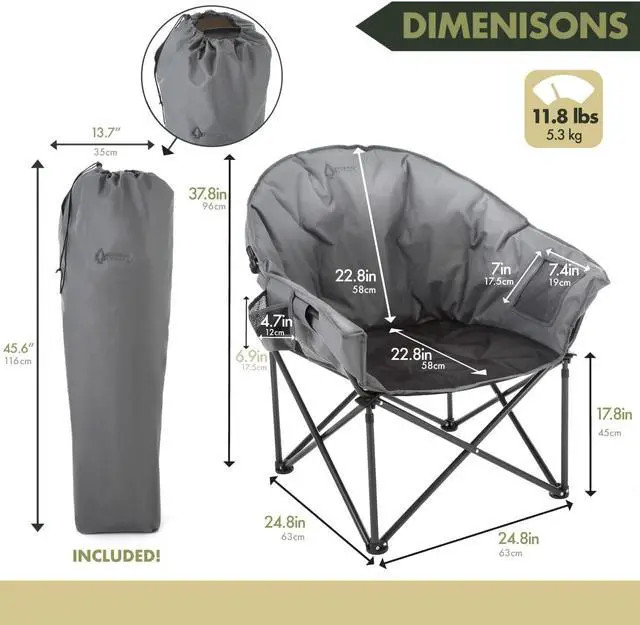 Alt view image 3 of 8 - ARROWHEAD OUTDOOR Oversized Heavy-Duty Club Folding Camping Chair w/ External Pocket, Cup Holder, Portable, Padded, Moon, Round, Saucer, Supports 330lbs, Carrying Bag, USA-Based Support