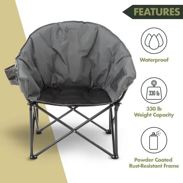 Alt view image 2 of 8 - ARROWHEAD OUTDOOR Oversized Heavy-Duty Club Folding Camping Chair w/ External Pocket, Cup Holder, Portable, Padded, Moon, Round, Saucer, Supports 330lbs, Carrying Bag, USA-Based Support