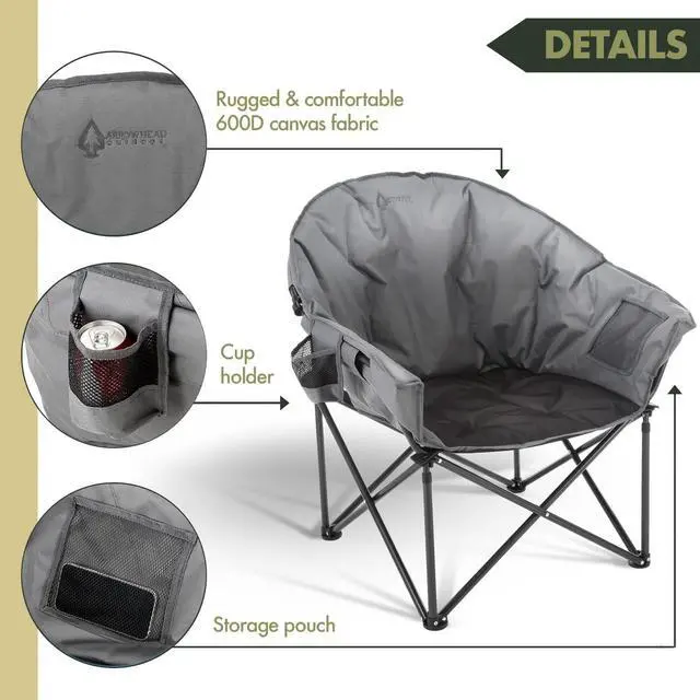 Alt view image 4 of 8 - ARROWHEAD OUTDOOR Oversized Heavy-Duty Club Folding Camping Chair w/ External Pocket, Cup Holder, Portable, Padded, Moon, Round, Saucer, Supports 330lbs, Carrying Bag, USA-Based Support