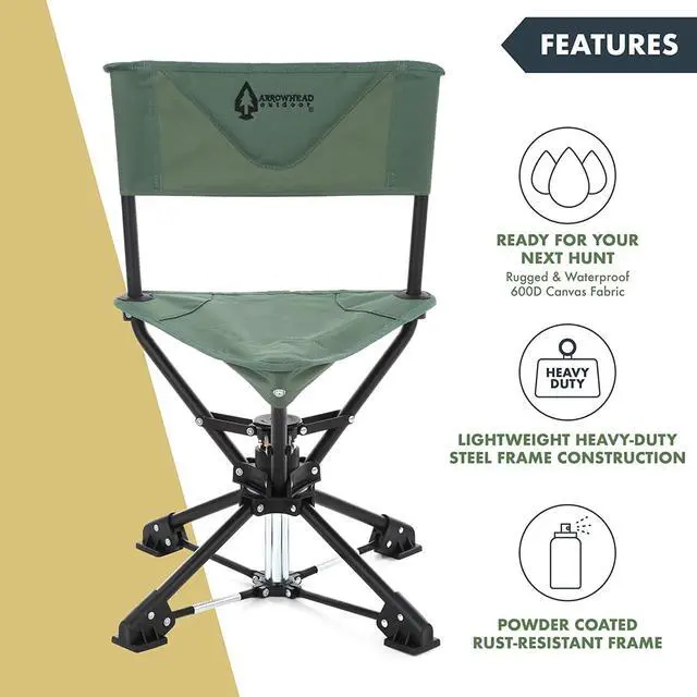 Alt view image 3 of 8 - ARROWHEAD OUTDOOR 360° Degree Swivel Hunting Chair Stool Seat, Perfect for Blinds, No Sink Feet, Supports up to 225lbs, Carrying Case, Steel Frame, Fishing, High-Grade 600D Canvas, USA-Based Support