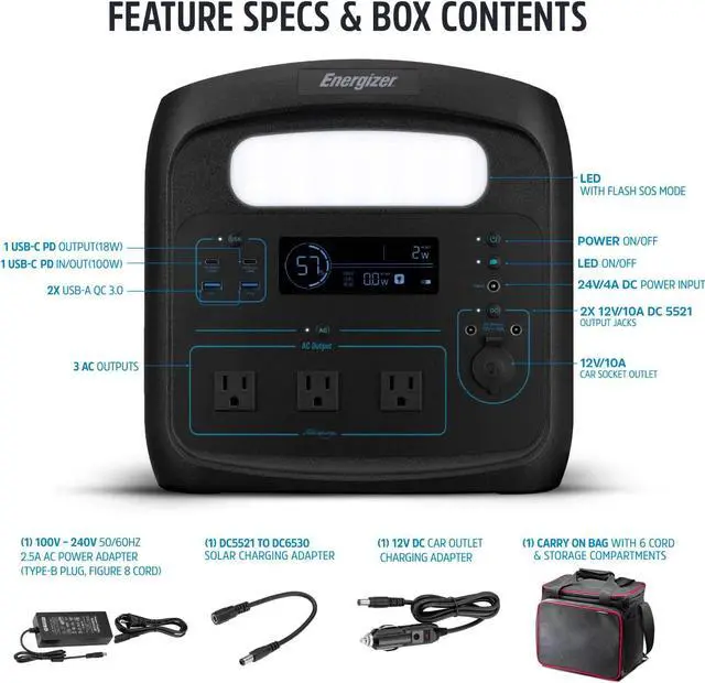 Alt view image 4 of 7 - Energizer 960W MAX Portable Power Station, LiFePO4 (LFP), Solar Generator, 110V/700W Pure Sine Wave AC Outlet, USB-C PD 100W, w/ Case, LED, Outdoor, Home Emergency, Power Outage, RV, Camping, CPAP