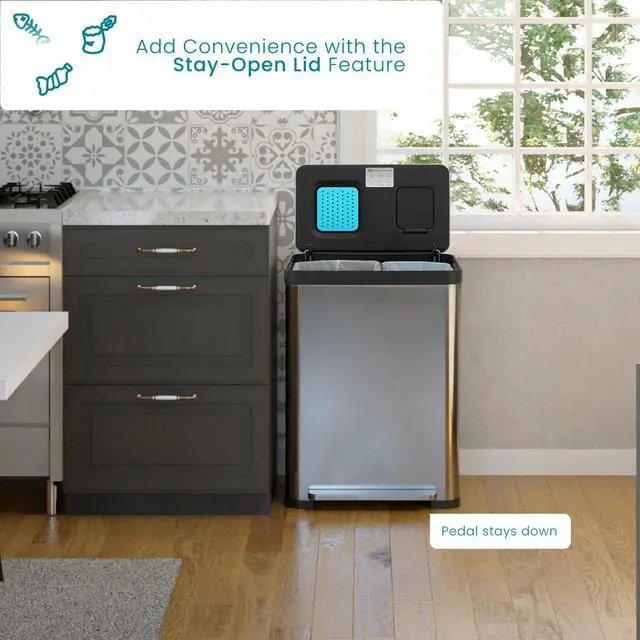 Alt view image 6 of 7 - Home Zone Living 18.5 Gallon Kitchen Trash Can, Dual Removable Liners for Recycling and Trash, CleanAura Odor Control, Wide Stainless Steel Shape (10.6 + 7.9 for 18.5 Gallon Total)