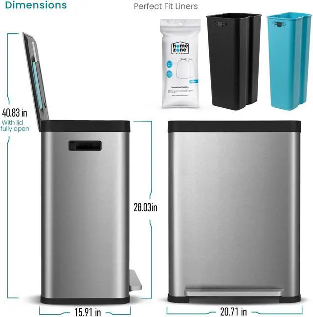 Alt view image 7 of 7 - Home Zone Living 18.5 Gallon Kitchen Trash Can, Dual Removable Liners for Recycling and Trash, CleanAura Odor Control, Wide Stainless Steel Shape (10.6 + 7.9 for 18.5 Gallon Total)