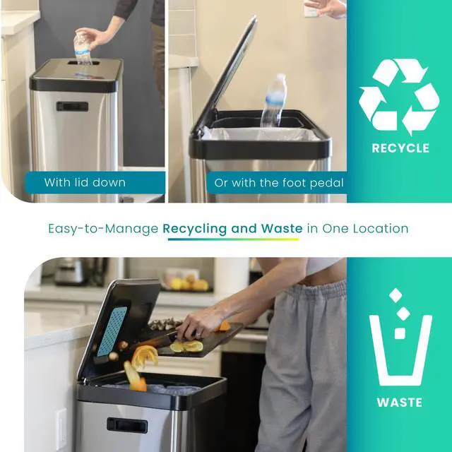 Alt view image 3 of 7 - Home Zone Living 18.5 Gallon Kitchen Trash Can, Dual Removable Liners for Recycling and Trash, CleanAura Odor Control, Wide Stainless Steel Shape (10.6 + 7.9 for 18.5 Gallon Total)