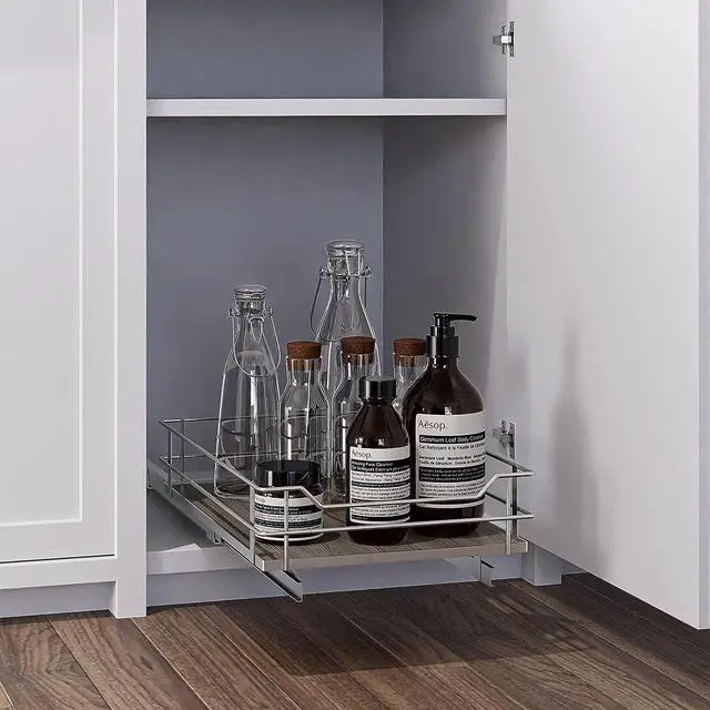 Alt view image 6 of 7 - Home Zone Living 1 Tier Organizer, Kitchen Under Sink Storage, Pantry Organizers and Storage, Pull Out Cabinet Shelf Organizer, 14W x 21D, Satin Nickel Light Brown Wood Finish, Virtuoso Collection