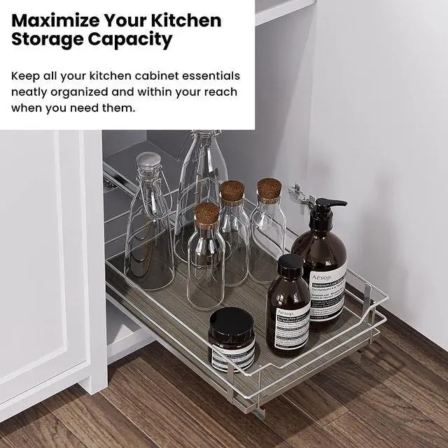 Alt view image 3 of 7 - Home Zone Living 1 Tier Organizer, Kitchen Under Sink Storage, Pantry Organizers and Storage, Pull Out Cabinet Shelf Organizer, 14W x 21D, Satin Nickel Light Brown Wood Finish, Virtuoso Collection