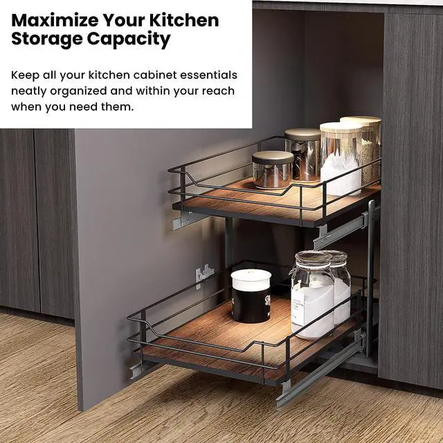 Alt view image 3 of 7 - Home Zone Living Pull Out Kitchen Cabinet Organizer with 2 Tiers of Storage for Easy Access, 15W x 20D, Matte Black With Dark Brown, Virtuoso Collection
