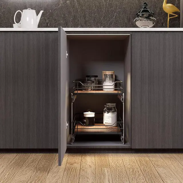 Alt view image 7 of 7 - Home Zone Living Pull Out Kitchen Cabinet Organizer with 2 Tiers of Storage for Easy Access, 15W x 20D, Matte Black With Dark Brown, Virtuoso Collection