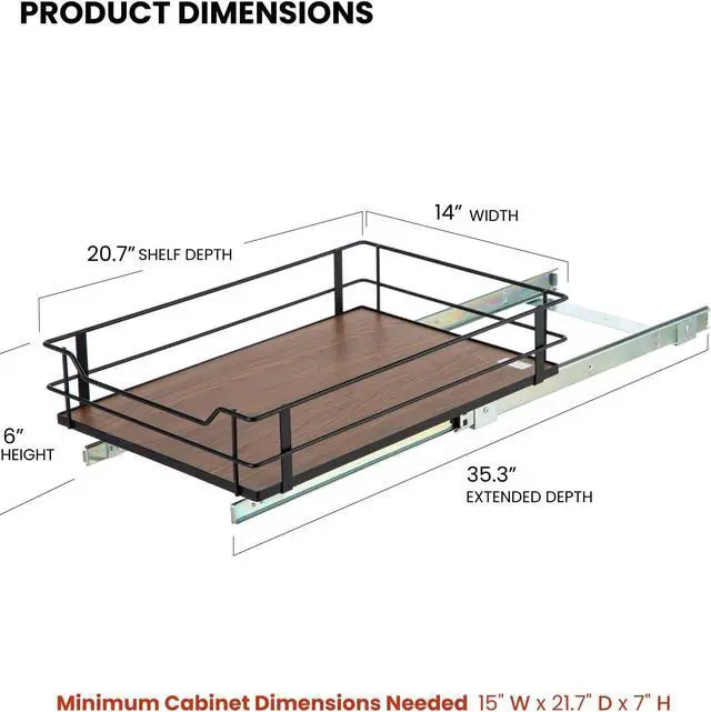Alt view image 2 of 7 - Home Zone Living 1 Tier Organizer, Kitchen Under Sink Storage, Pantry Organizers and Storage, Pull Out Cabinet Shelf Organizer, 14W x 21D, Matte Black Dark Brown Wood Finish, Virtuoso Collection