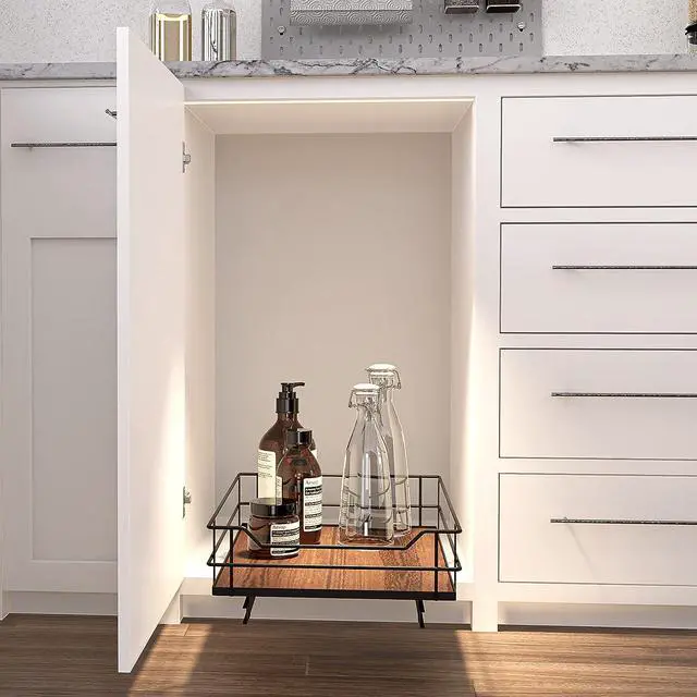 Alt view image 6 of 7 - Home Zone Living 1 Tier Organizer, Kitchen Under Sink Storage, Pantry Organizers and Storage, Pull Out Cabinet Shelf Organizer, 14W x 21D, Matte Black Dark Brown Wood Finish, Virtuoso Collection