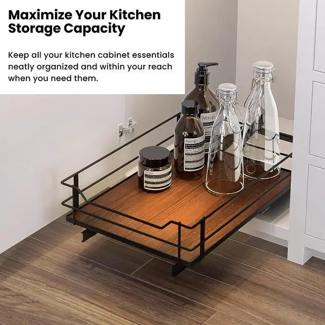 Alt view image 5 of 7 - Home Zone Living 1 Tier Organizer, Kitchen Under Sink Storage, Pantry Organizers and Storage, Pull Out Cabinet Shelf Organizer, 14W x 21D, Matte Black Dark Brown Wood Finish, Virtuoso Collection