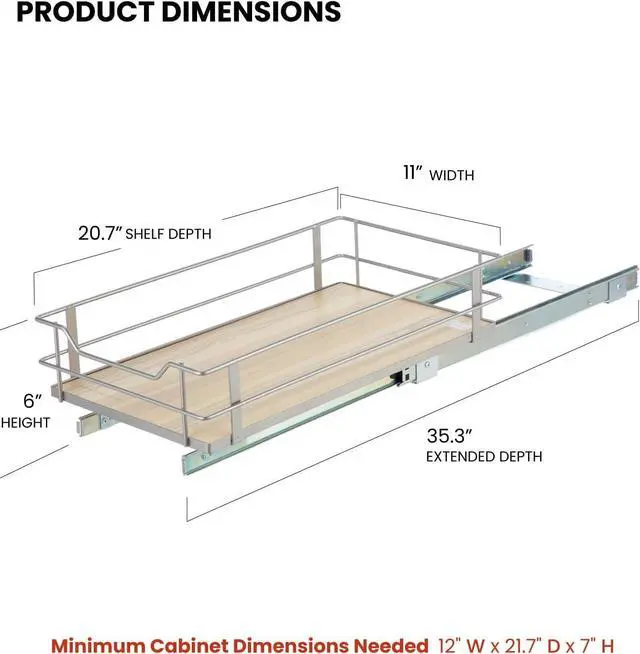 Alt view image 2 of 7 - Home Zone Living 1 Tier Organizer, Kitchen Under Sink Storage, Pantry Organizers and Storage, Pull Out Cabinet Shelf Organizer, 11W x 21D, Satin Nickel Light Brown Wood Finish, Virtuoso Collection