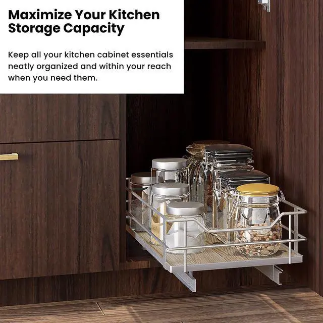 Alt view image 4 of 7 - Home Zone Living 1 Tier Organizer, Kitchen Under Sink Storage, Pantry Organizers and Storage, Pull Out Cabinet Shelf Organizer, 11W x 21D, Satin Nickel Light Brown Wood Finish, Virtuoso Collection