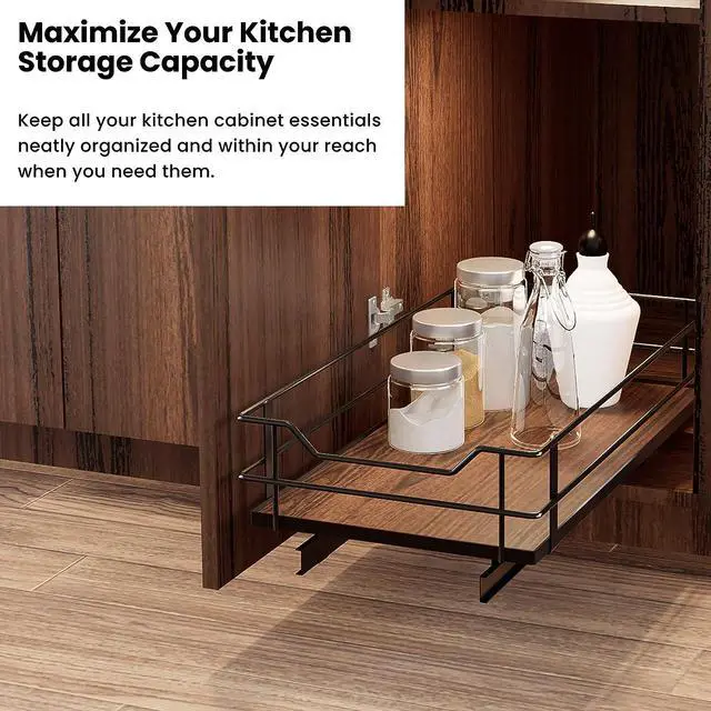 Alt view image 3 of 7 - Home Zone Living 1 Tier Organizer, Kitchen Under Sink Storage, Pantry Organizers and Storage, Pull Out Cabinet Shelf Organizer, 11W x 21D, Matte Black Dark Brown Wood Finish, Virtuoso Collection