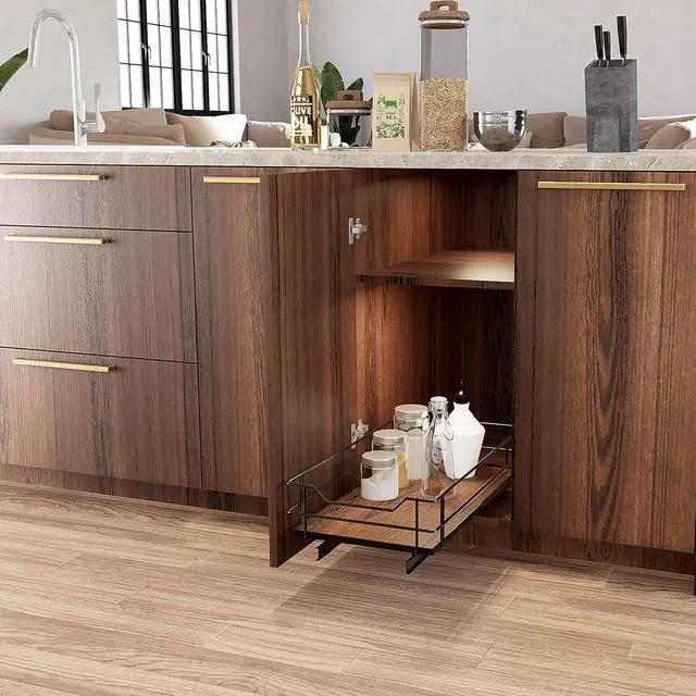 Alt view image 7 of 7 - Home Zone Living 1 Tier Organizer, Kitchen Under Sink Storage, Pantry Organizers and Storage, Pull Out Cabinet Shelf Organizer, 11W x 21D, Matte Black Dark Brown Wood Finish, Virtuoso Collection