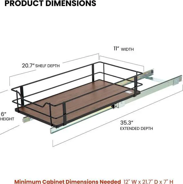 Alt view image 2 of 7 - Home Zone Living 1 Tier Organizer, Kitchen Under Sink Storage, Pantry Organizers and Storage, Pull Out Cabinet Shelf Organizer, 11W x 21D, Matte Black Dark Brown Wood Finish, Virtuoso Collection