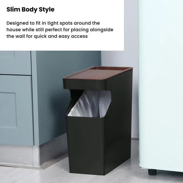 Alt view image 3 of 7 - Home Zone Living 1.7 Gallon Small Trash Can, Slim Rectangular Wastebasket with Wood Grain Cover, Serene Green, Virtuoso Collection, 2-Pack