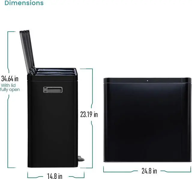 Alt view image 7 of 7 - Home Zone Living 15.9 Gallon Kitchen Trash Can, Three Removable Liners for Recycling and Trash, Wide Stainless Steel Shape, Black (5.3 + 5.3 + 5.3 for 15.9 Gallon Total)