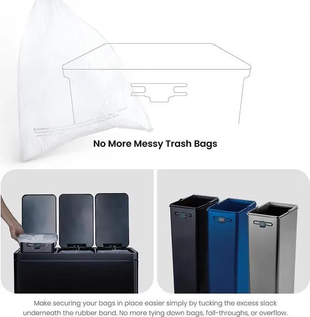 Alt view image 5 of 7 - Home Zone Living 15.9 Gallon Kitchen Trash Can, Three Removable Liners for Recycling and Trash, Wide Stainless Steel Shape, Black (5.3 + 5.3 + 5.3 for 15.9 Gallon Total)