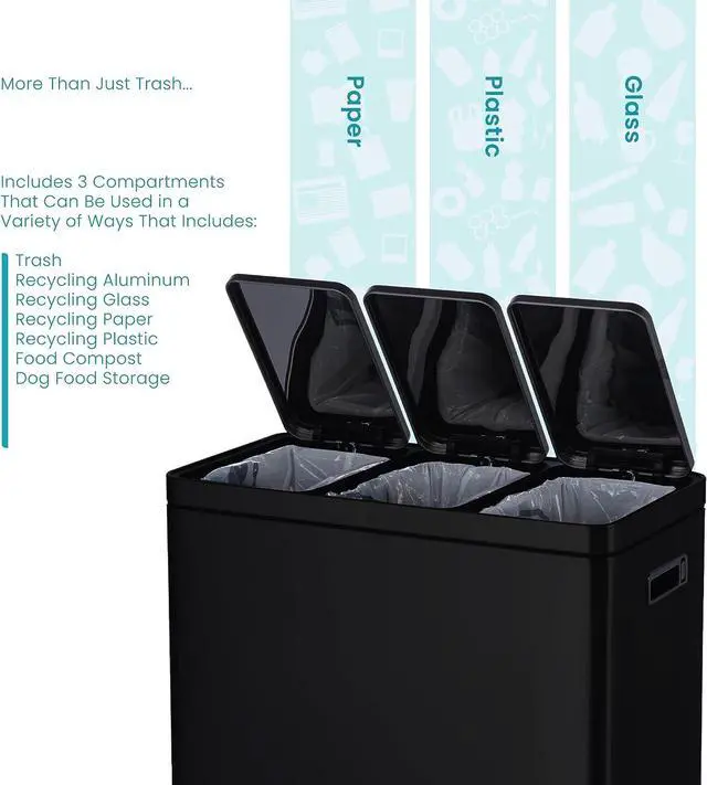 Alt view image 2 of 7 - Home Zone Living 15.9 Gallon Kitchen Trash Can, Three Removable Liners for Recycling and Trash, Wide Stainless Steel Shape, Black (5.3 + 5.3 + 5.3 for 15.9 Gallon Total)