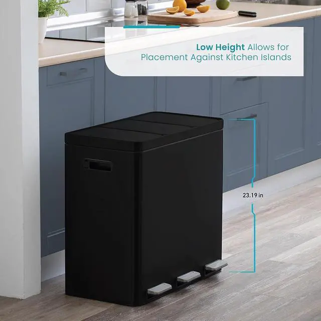 Alt view image 4 of 7 - Home Zone Living 15.9 Gallon Kitchen Trash Can, Three Removable Liners for Recycling and Trash, Wide Stainless Steel Shape, Black (5.3 + 5.3 + 5.3 for 15.9 Gallon Total)