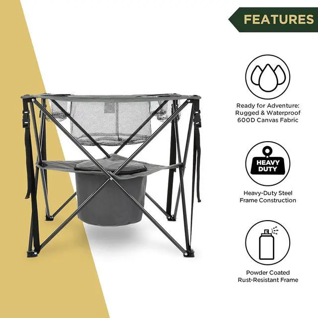 Alt view image 3 of 7 - ARROWHEAD OUTDOOR 33.5 Portable Folding Tailgate Table, 4 Cup Holders, Food Basket, Insulated Cooler, No Sag Surface, Carrying Case, Steel Frame, High-Grade 600D Canvas, USA-Based Support, Grey