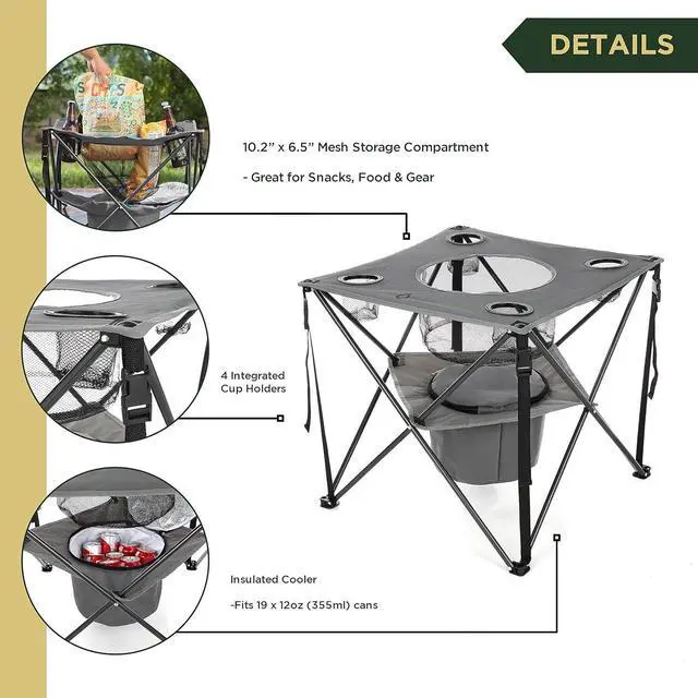 Alt view image 2 of 7 - ARROWHEAD OUTDOOR 33.5 Portable Folding Tailgate Table, 4 Cup Holders, Food Basket, Insulated Cooler, No Sag Surface, Carrying Case, Steel Frame, High-Grade 600D Canvas, USA-Based Support, Grey