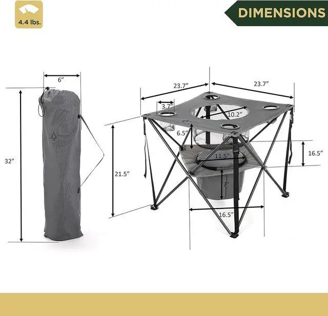 Alt view image 4 of 7 - ARROWHEAD OUTDOOR 33.5 Portable Folding Tailgate Table, 4 Cup Holders, Food Basket, Insulated Cooler, No Sag Surface, Carrying Case, Steel Frame, High-Grade 600D Canvas, USA-Based Support, Grey