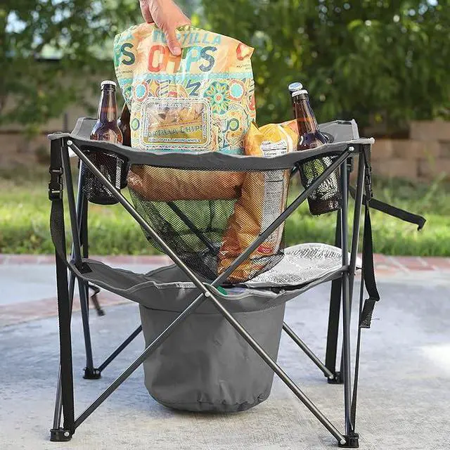 Alt view image 6 of 7 - ARROWHEAD OUTDOOR 33.5 Portable Folding Tailgate Table, 4 Cup Holders, Food Basket, Insulated Cooler, No Sag Surface, Carrying Case, Steel Frame, High-Grade 600D Canvas, USA-Based Support, Grey