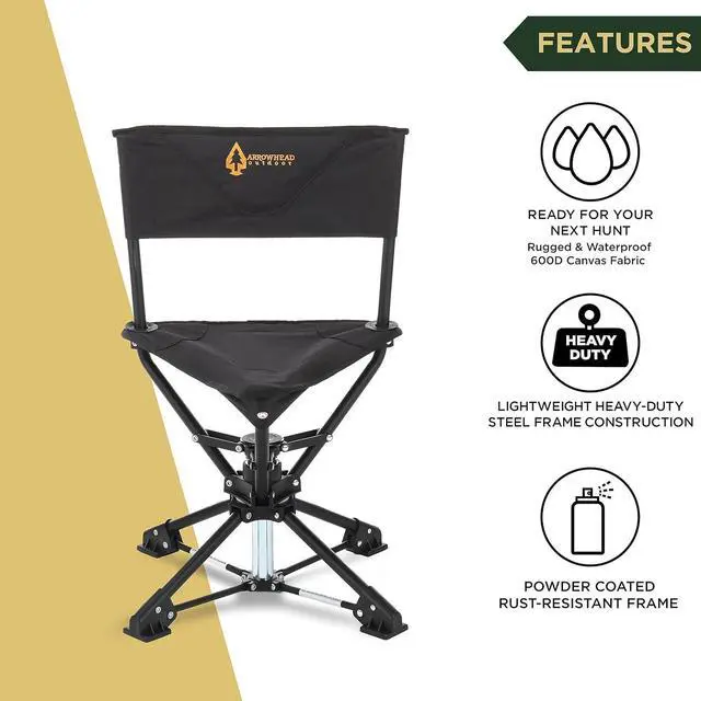 Alt view image 3 of 8 - ARROWHEAD OUTDOOR 360° Degree Swivel Hunting Chair Stool Seat, Perfect for Blinds, No Sink Feet, Supports up to 225lbs, Carrying Case, Steel Frame, Fishing, High-Grade 600D Canvas, USA-Based Support