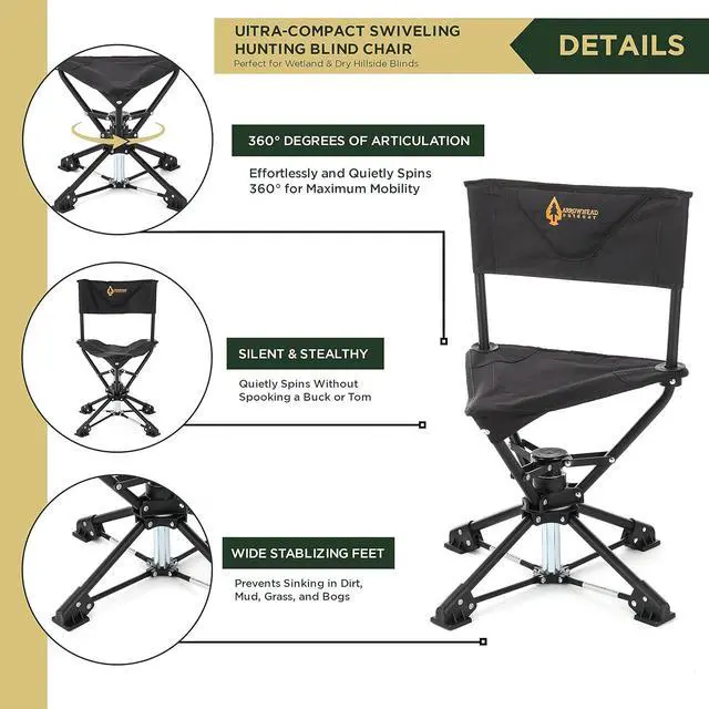 Alt view image 4 of 8 - ARROWHEAD OUTDOOR 360° Degree Swivel Hunting Chair Stool Seat, Perfect for Blinds, No Sink Feet, Supports up to 225lbs, Carrying Case, Steel Frame, Fishing, High-Grade 600D Canvas, USA-Based Support