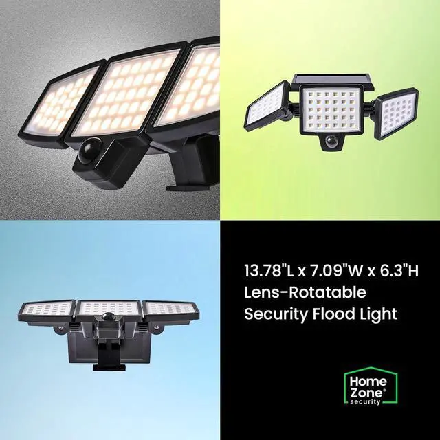 Alt view image 7 of 7 - Home Zone Security Motion Sensor Light - Outdoor Solar Adjustable Triple Head LED 3500K Warm Flood Light with No Wiring Required, Black (2-Pack)