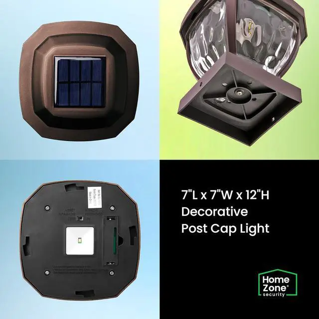 Alt view image 6 of 6 - Home Zone Security Solar Post Cap Lights - Decorative Glass LED Outdoor 4x4 (3.5 x 3.5 in.) Post Lights, Bronze (2-Pack)