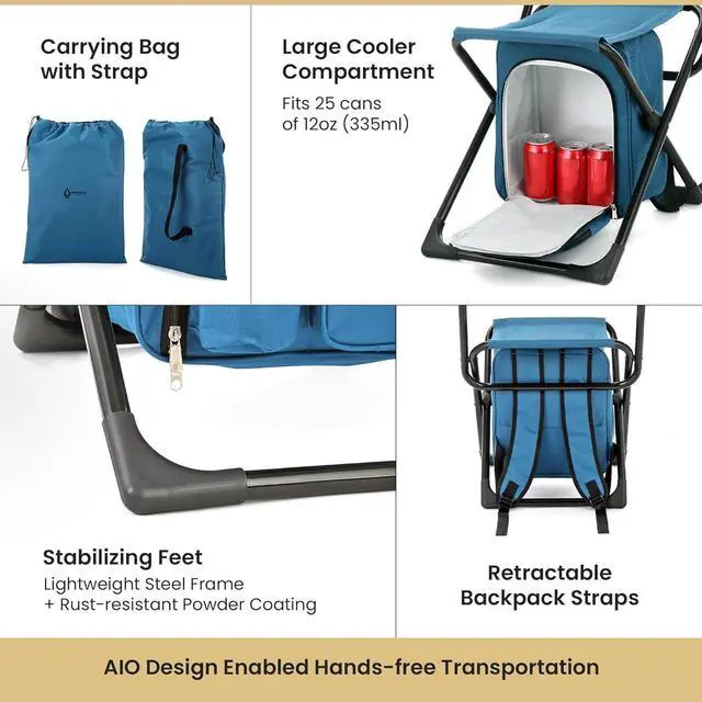 Alt view image 4 of 8 - ARROWHEAD OUTDOOR Multi-Function 3-in-1 Compact Fishing Chair: Backpack, Stool & Insulated Cooler, w/ Bottle Holder & Storage Bag, External Pockets, Backrest, Camp, Hiking, Heavy-Duty, USA-Based