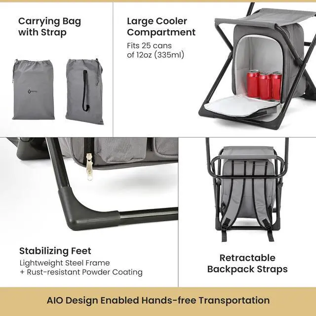 Alt view image 5 of 8 - ARROWHEAD OUTDOOR Multi-Function 3-in-1 Compact Fishing Chair: Backpack, Stool & Insulated Cooler, w/ Bottle Holder & Storage Bag, External Pockets, Backrest, Camp, Hiking, Heavy-Duty, USA-Based
