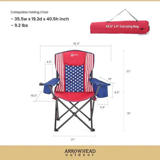 Alt view image 3 of 8 - ARROWHEAD OUTDOOR Portable Folding Camping Quad Chair w/ 6-Can Cooler, Cup & Wine Glass Holders, Heavy-Duty Carrying Bag, Padded Armrests, Headrest & Seat, Supports up to 450lbs, American Flag