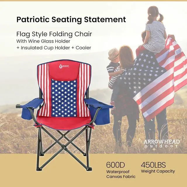 Alt view image 4 of 8 - ARROWHEAD OUTDOOR Portable Folding Camping Quad Chair w/ 6-Can Cooler, Cup & Wine Glass Holders, Heavy-Duty Carrying Bag, Padded Armrests, Headrest & Seat, Supports up to 450lbs, American Flag