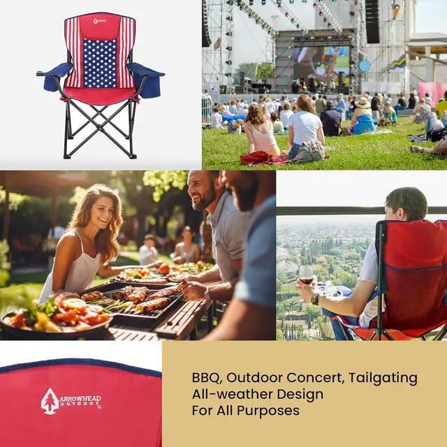 Alt view image 7 of 8 - ARROWHEAD OUTDOOR Portable Folding Camping Quad Chair w/ 6-Can Cooler, Cup & Wine Glass Holders, Heavy-Duty Carrying Bag, Padded Armrests, Headrest & Seat, Supports up to 450lbs, American Flag