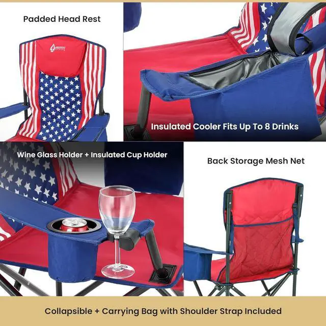 Alt view image 6 of 8 - ARROWHEAD OUTDOOR Portable Folding Camping Quad Chair w/ 6-Can Cooler, Cup & Wine Glass Holders, Heavy-Duty Carrying Bag, Padded Armrests, Headrest & Seat, Supports up to 450lbs, American Flag