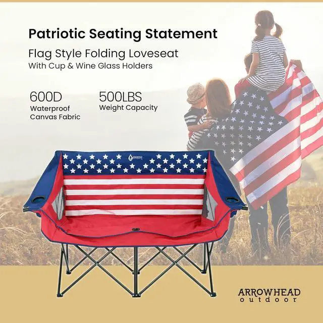 Alt view image 4 of 8 - ARROWHEAD OUTDOOR Portable Folding Double Duo Camping Chair Loveseat w/ 2 Cup & Wine Glass Holder, Heavy-Duty Carrying Bag, Padded Seats & Armrests, Supports up to 500lbs, American Flag, USA-Support