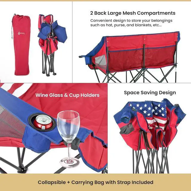 Alt view image 6 of 8 - ARROWHEAD OUTDOOR Portable Folding Double Duo Camping Chair Loveseat w/ 2 Cup & Wine Glass Holder, Heavy-Duty Carrying Bag, Padded Seats & Armrests, Supports up to 500lbs, American Flag, USA-Support