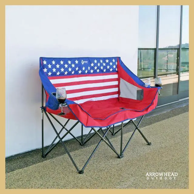 Alt view image 2 of 8 - ARROWHEAD OUTDOOR Portable Folding Double Duo Camping Chair Loveseat w/ 2 Cup & Wine Glass Holder, Heavy-Duty Carrying Bag, Padded Seats & Armrests, Supports up to 500lbs, American Flag, USA-Support